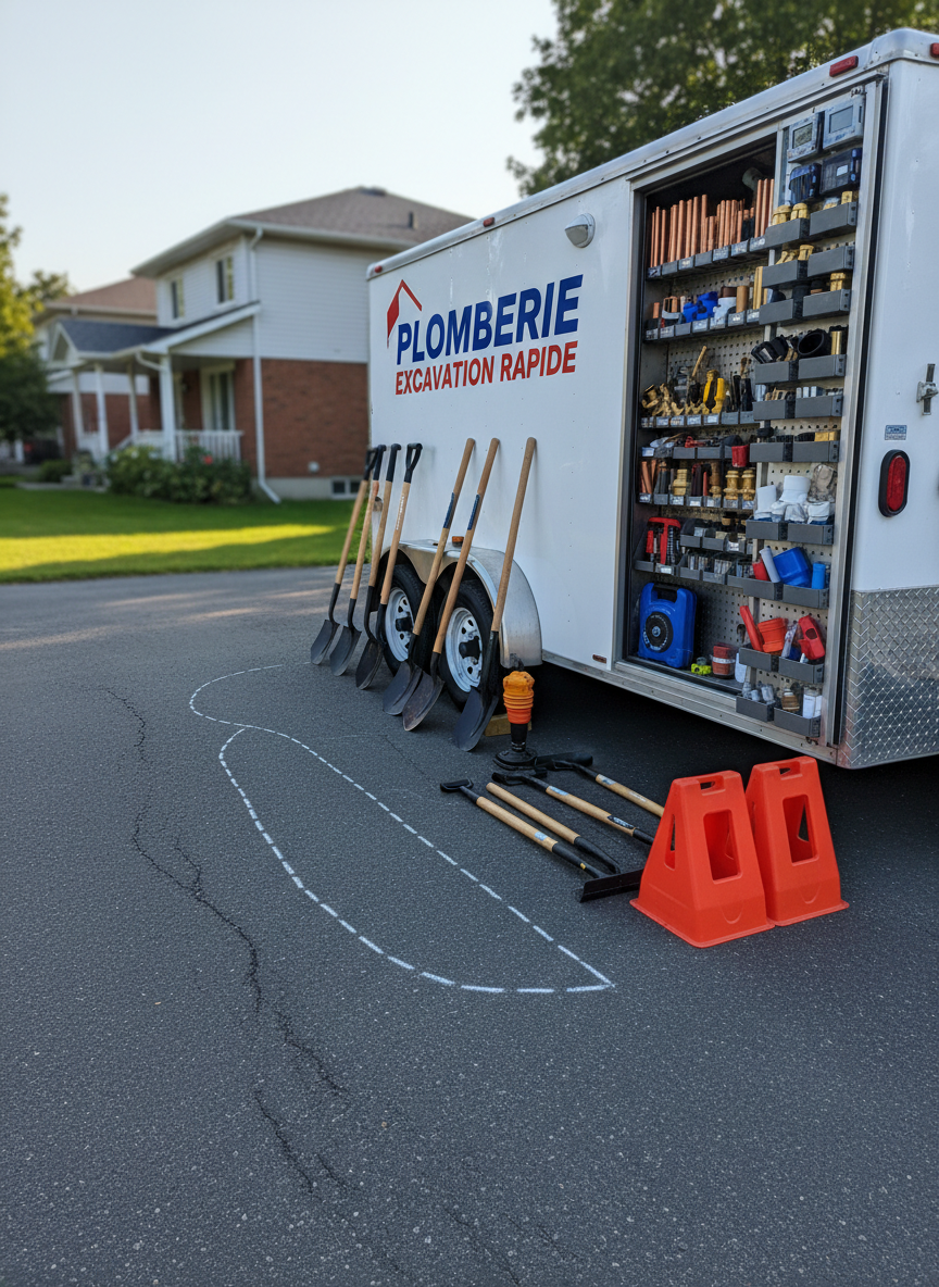 A meticulously organized mobile plumbing excavation setup in the driveway of a suburban Montreal home at dawn, featuring a clean, well-maintained service trailer with open compartments displaying neatly arranged pipes, fittings, valves, and diagnostic equipment. Heavy-duty shovels, tampers, and safety barriers are aligned on the asphalt, with a freshly chalk-marked path indicating the future trench route. Cool early morning natural light casts long, gentle shadows, highlighting the orderliness of the tools. Captured from a low, three-quarter angle with moderate depth of field, the scene feels calm, prepared, and highly professional, reinforcing trust in a rapid-response excavation and plumbing service.