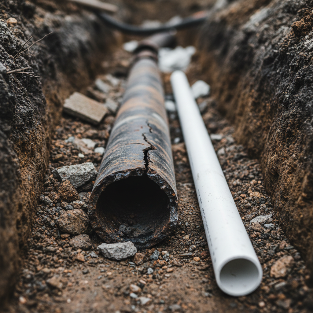 A close-up, highly detailed view of a broken underground drain pipe fully exposed in a narrow urban excavation, surrounded by rough concrete fragments and damp, dark earth. Cleanly cut edges of the old corroded metal pipe contrast with a new, pristine PVC replacement section laid beside it, ready for installation. Diffused natural light from an overcast sky reveals subtle moisture on the surfaces and fine grains of soil. Photographed from a slightly elevated angle with shallow depth of field, the damaged area is in crisp focus while the rest of the trench softly recedes, creating a professional, diagnostic mood that highlights problem-solving expertise in emergency plumbing excavation.