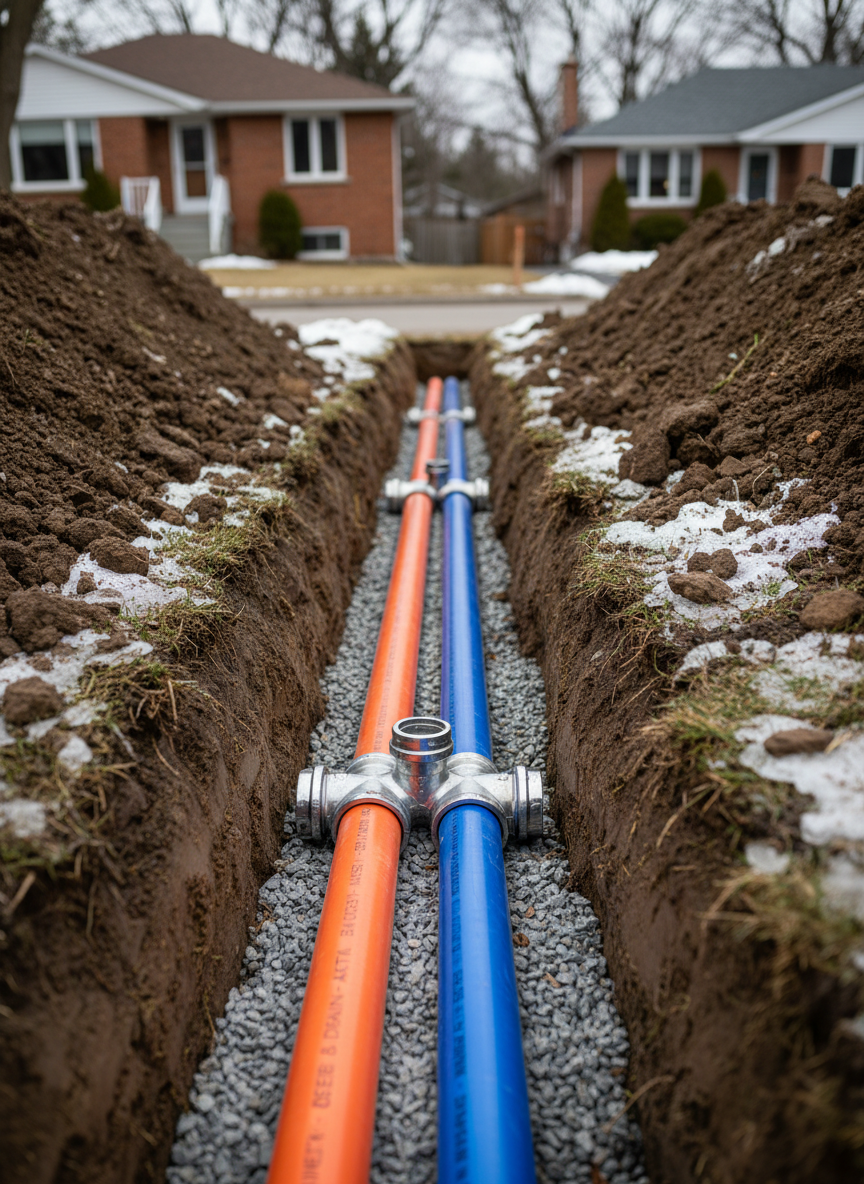 A freshly excavated plumbing trench cutting through a residential front yard in Greater Montreal, the dark, moist soil piled neatly on both sides with patches of snow at the edges. In the center, robust orange and blue PVC pipes are perfectly aligned over a compacted gravel bed, with clean metal fittings and clear labeling visible. Overcast daylight creates soft, even illumination, revealing detailed textures of soil, gravel, and pipe surfaces. Captured at eye level with photographic realism, the focus is sharp on the pipes while the background houses and trees gently blur, evoking a professional, reliable, emergency-response atmosphere suitable for a serious plumbing excavation service.