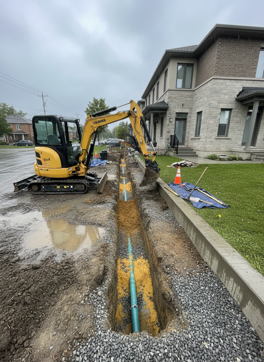 A wide, cinematic overhead view of a compact excavation mini-excavator precisely digging a narrow trench along the side of a duplex building in the Greater Montreal area. The machine’s steel bucket is frozen mid-scoop, revealing layers of soil, gravel, and an exposed section of existing water line protected by sand. The ground is partially wet from recent rain, with puddles reflecting a grey, cloudy sky that provides soft, even lighting. The composition uses strong diagonal lines of the trench and building foundation, with photographic realism and high detail throughout, conveying efficiency, precision, and professional planning for major plumbing repairs and foundation drain work.