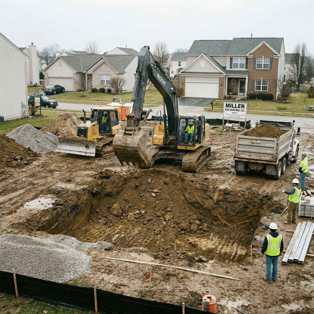 Excavator digging a foundation at a residential construction site with workers and heavy machinery.